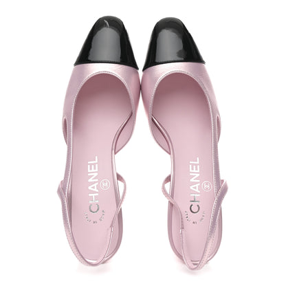 Chanel Laminated Lambskin Patent Cap Toe CC Slingback Pumps 37 Light Pink Black 2 of 10