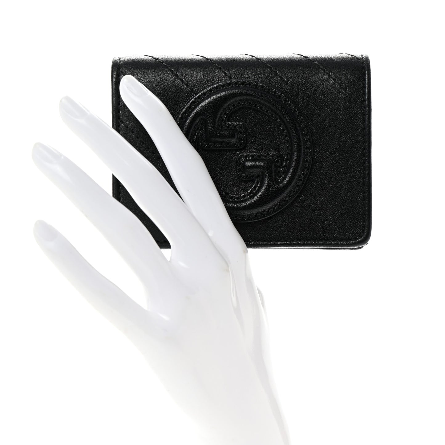 Sakai Be Green Calfskin Diagonal Stitched Blondie Card Case Wallet Black