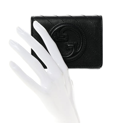 Gucci Sakai Be Green Calfskin Diagonal Stitched Blondie Card Case Wallet Black 2 of 7