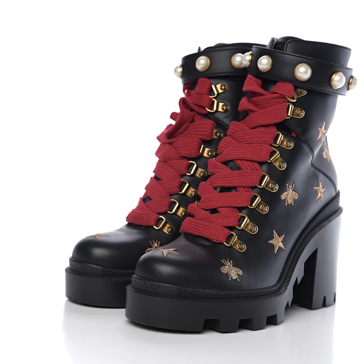 Calfskin Bee Star Embroidered Lace Up Combat Ankle Boots 37 Black