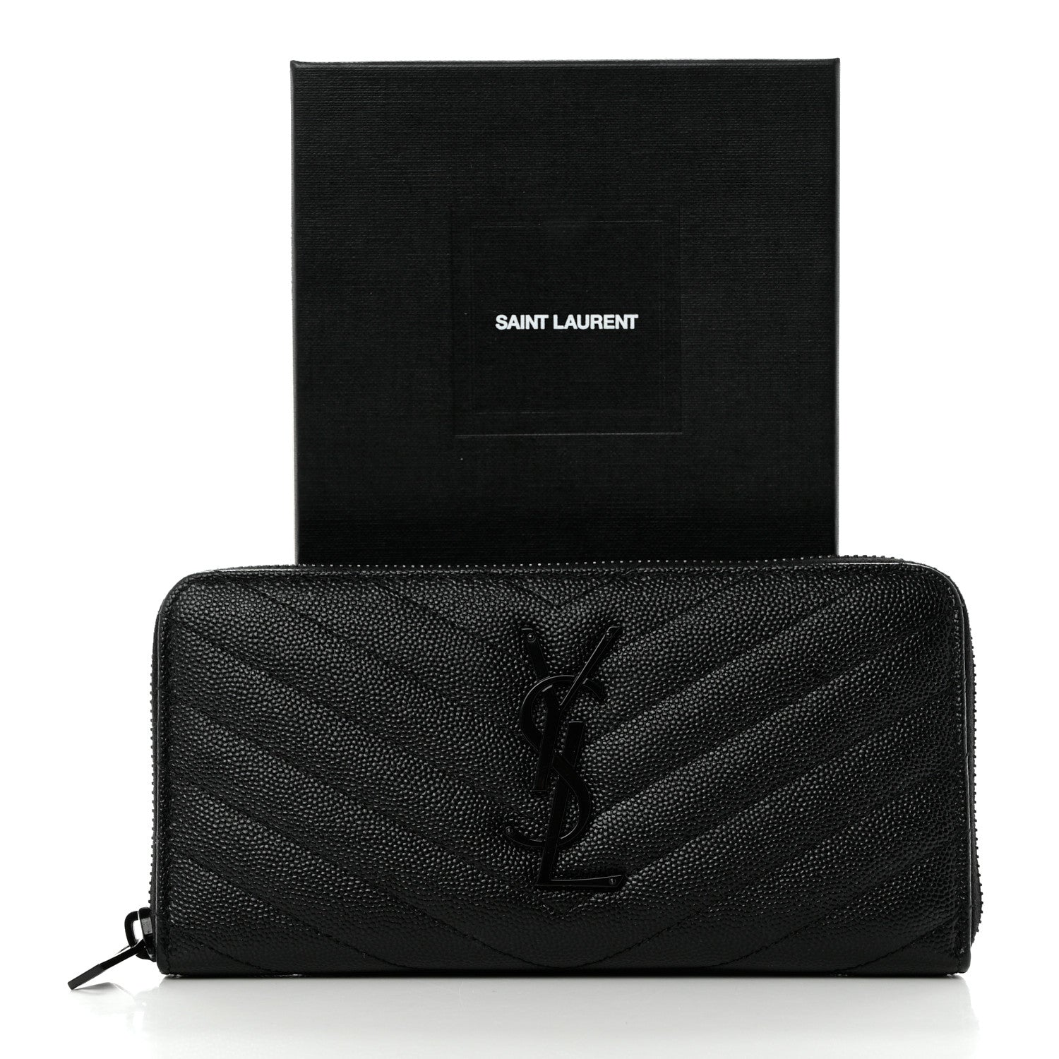 Saint Laurent Grain De Poudre Matelasse Chevron Monogram Monochrome Zip Around Wallet Black 9 of 9