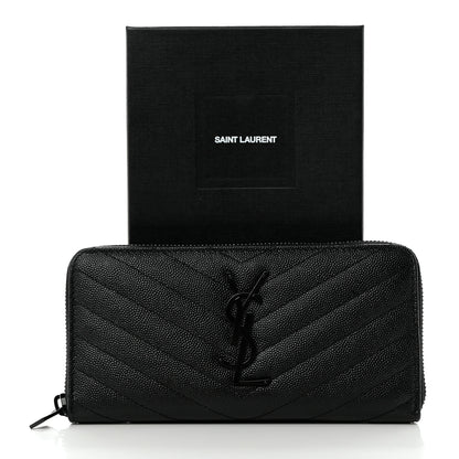 Saint Laurent Grain De Poudre Matelasse Chevron Monogram Monochrome Zip Around Wallet Black 9 of 9