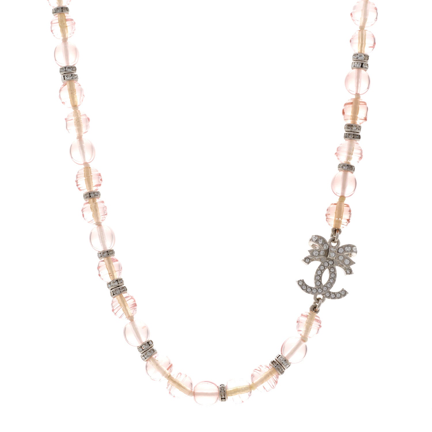 Chanel Resin Bead Crystal CC Bow Drop Choker Necklace Pink Silver 1 of 6