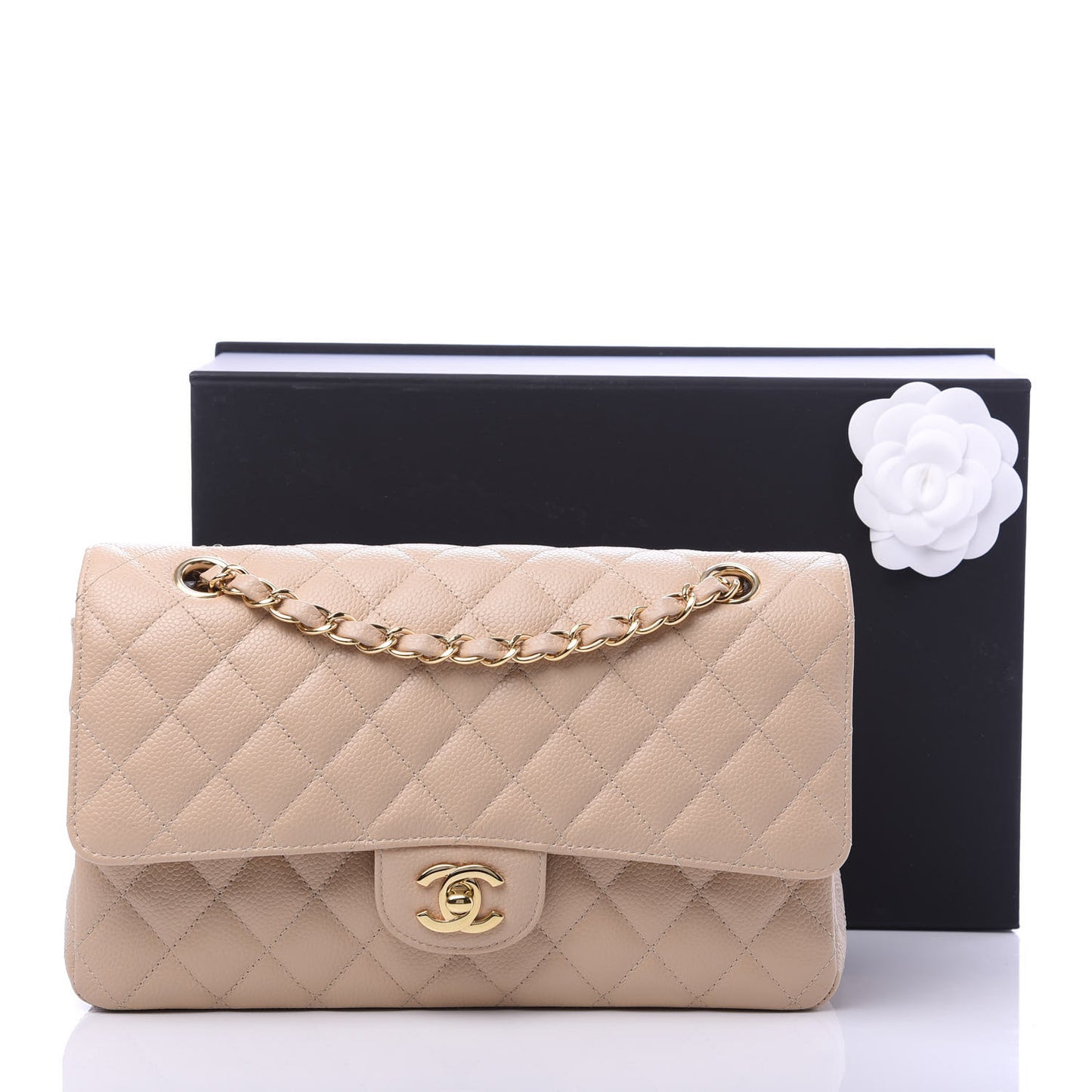 Caviar Quilted Medium Double Flap Beige