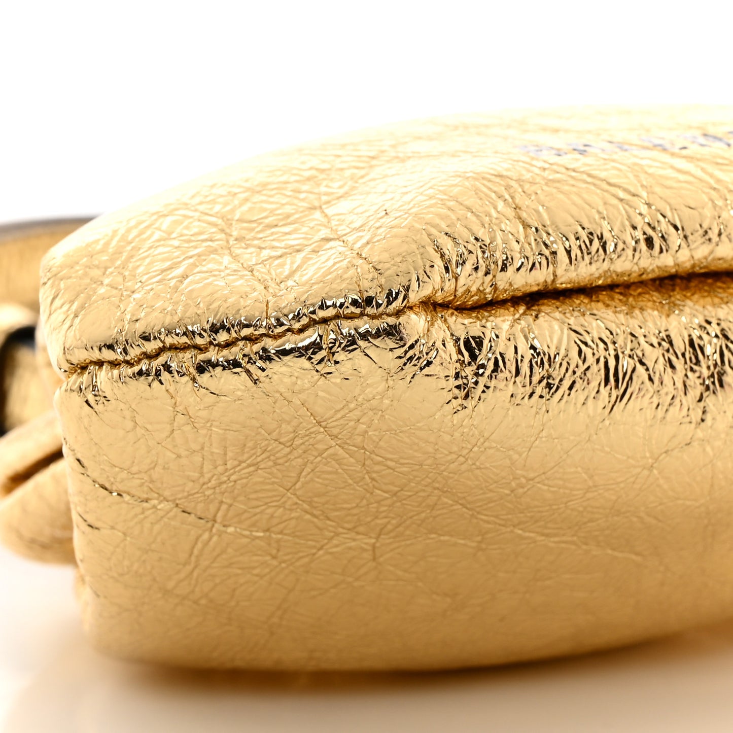 Metallic Textured Calfskin Logo Cloud Coin Purse With Strap Gold