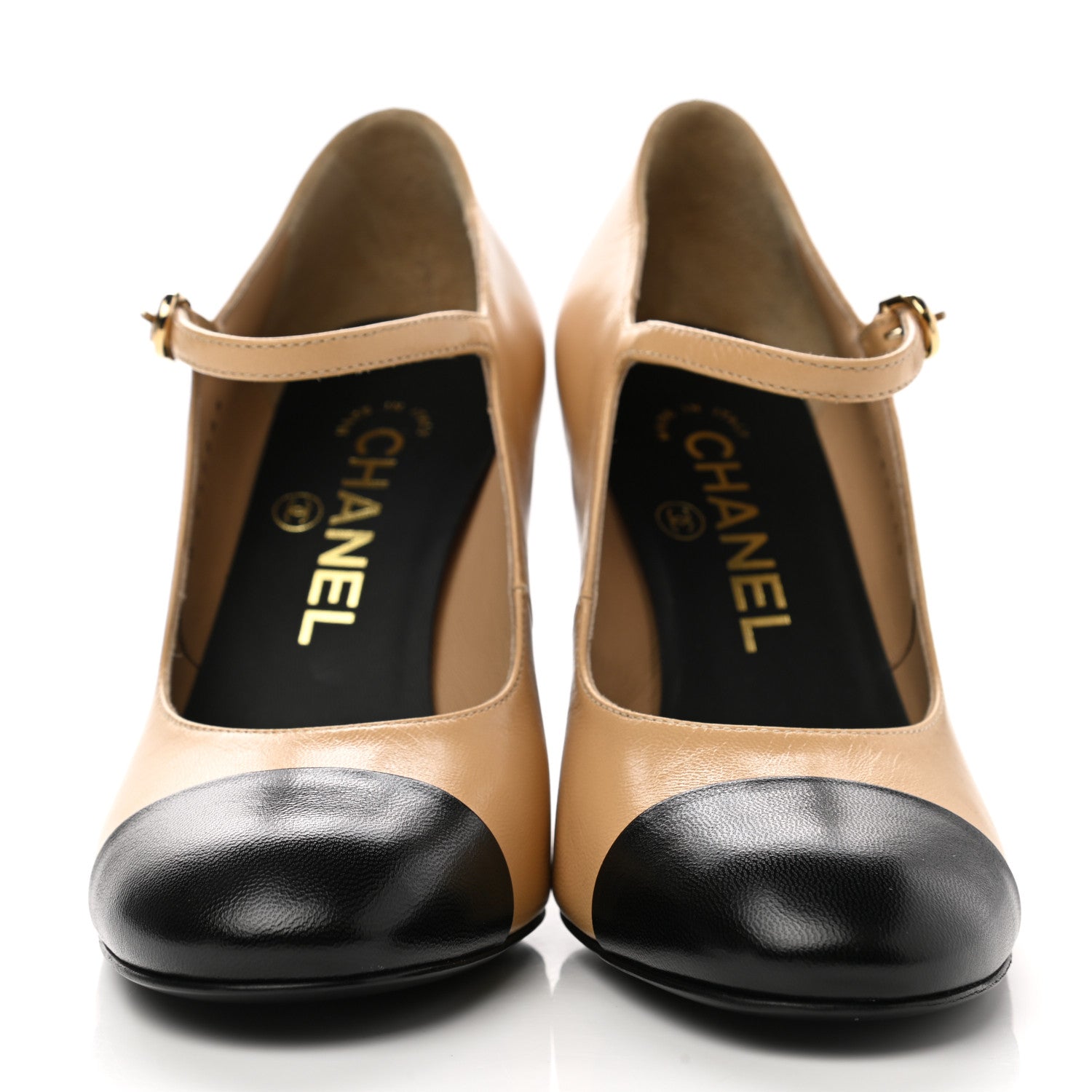 Chanel Shiny Goatskin Pearls Cap Toe Open Slingback Pumps 35 Beige Black 2 of 9
