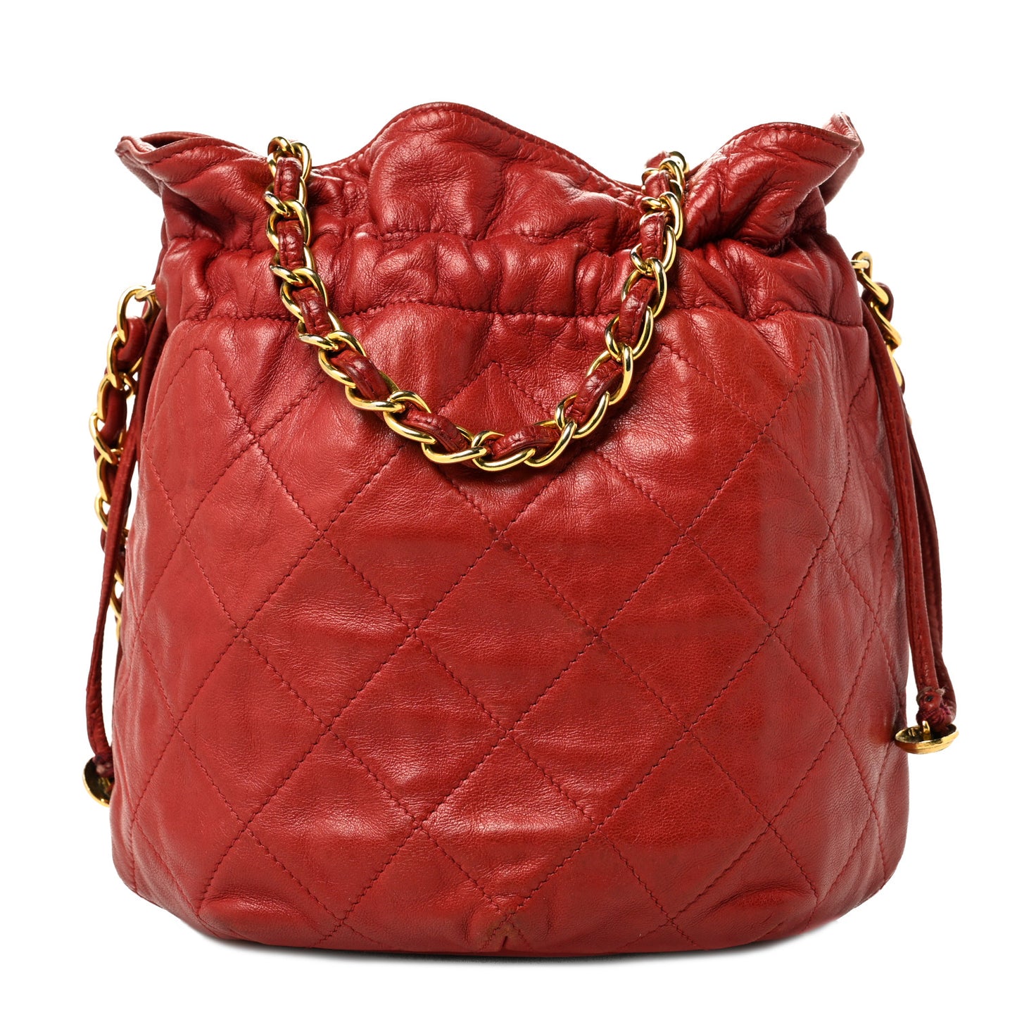 Lambskin Quilted Mini Drawstring Bucket Bag Red