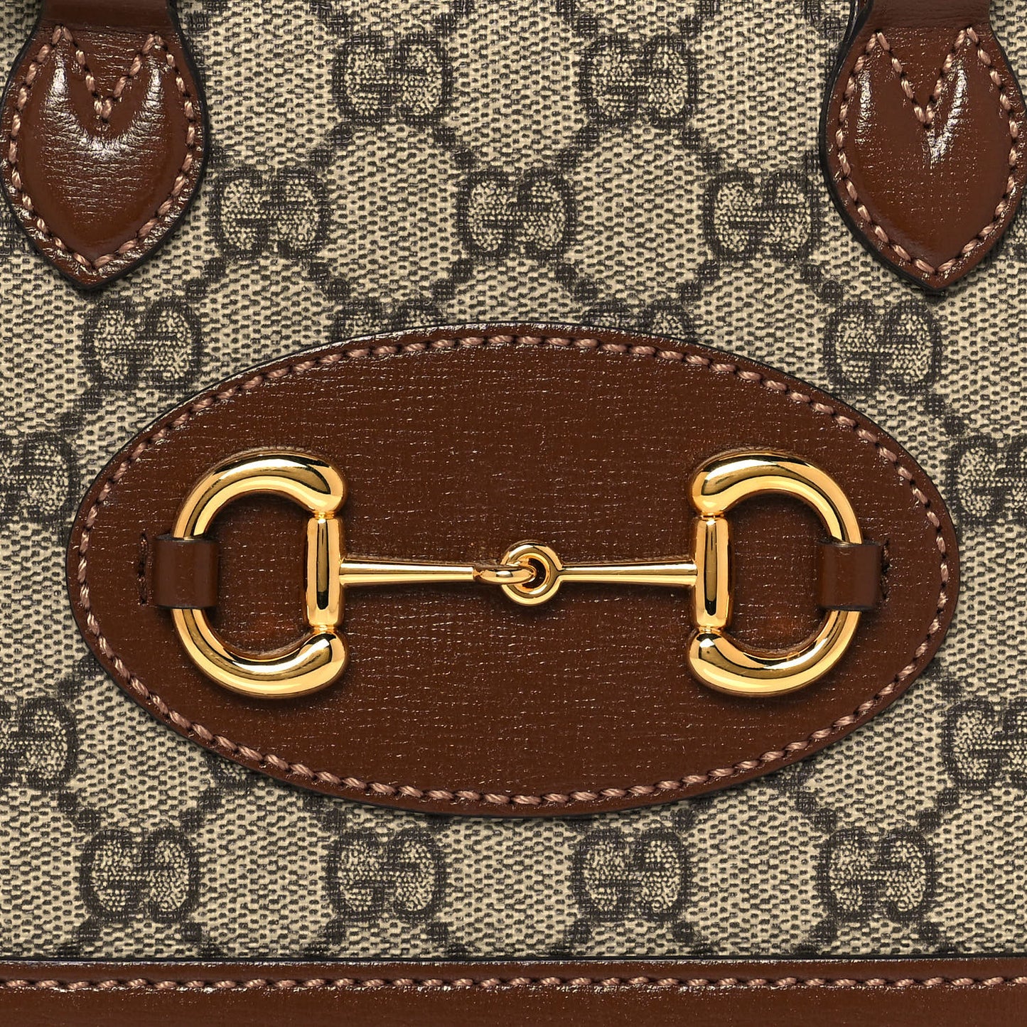 GG Supreme Monogram Azalea Calfskin Mini Horsebit 1955 Top Handle Bag Beige Ebony Brown Sugar