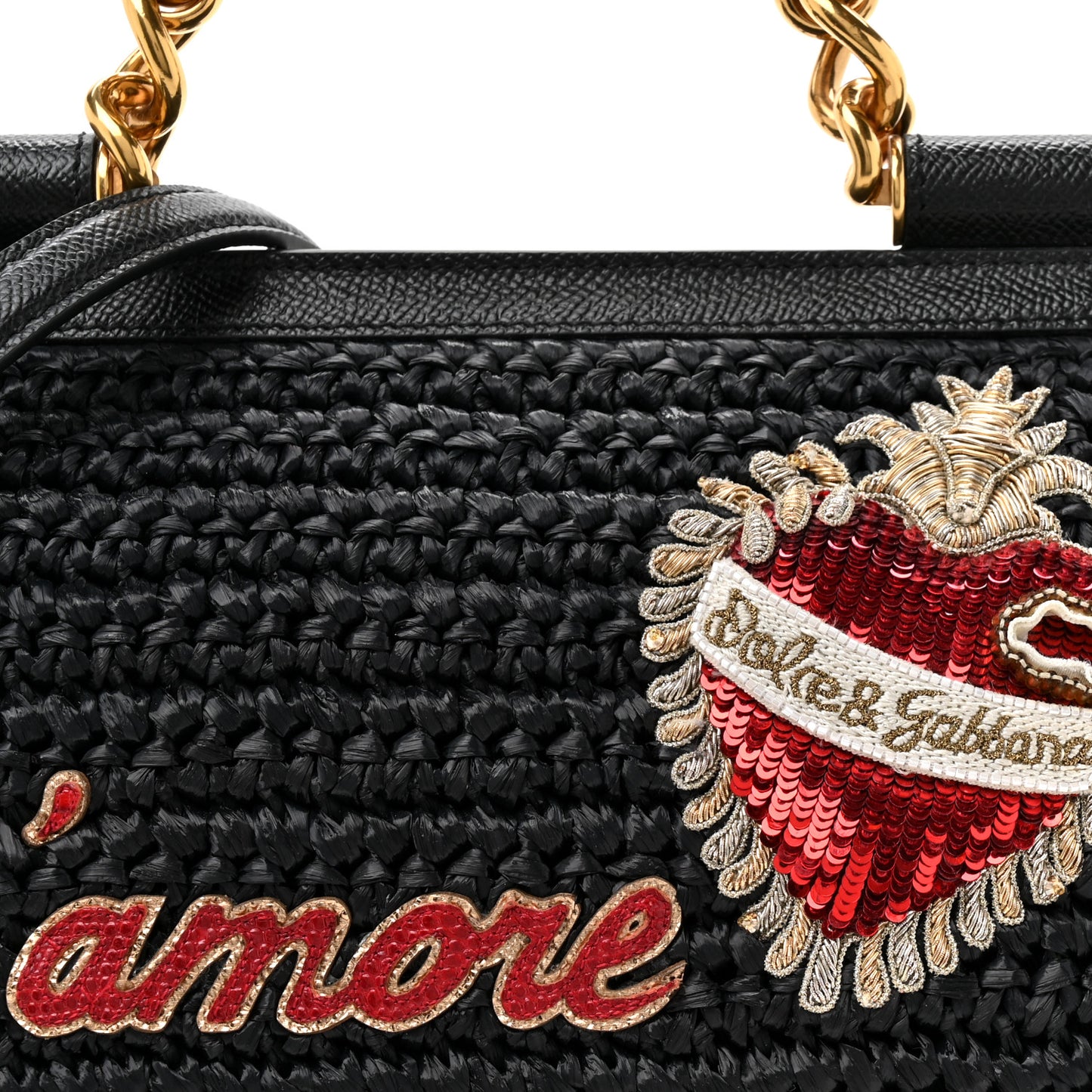 Woven Raffia Dauphine Sequin Embroidered Medium L'Amore Belleza Chain Miss Sicily Satchel Black Multicolor