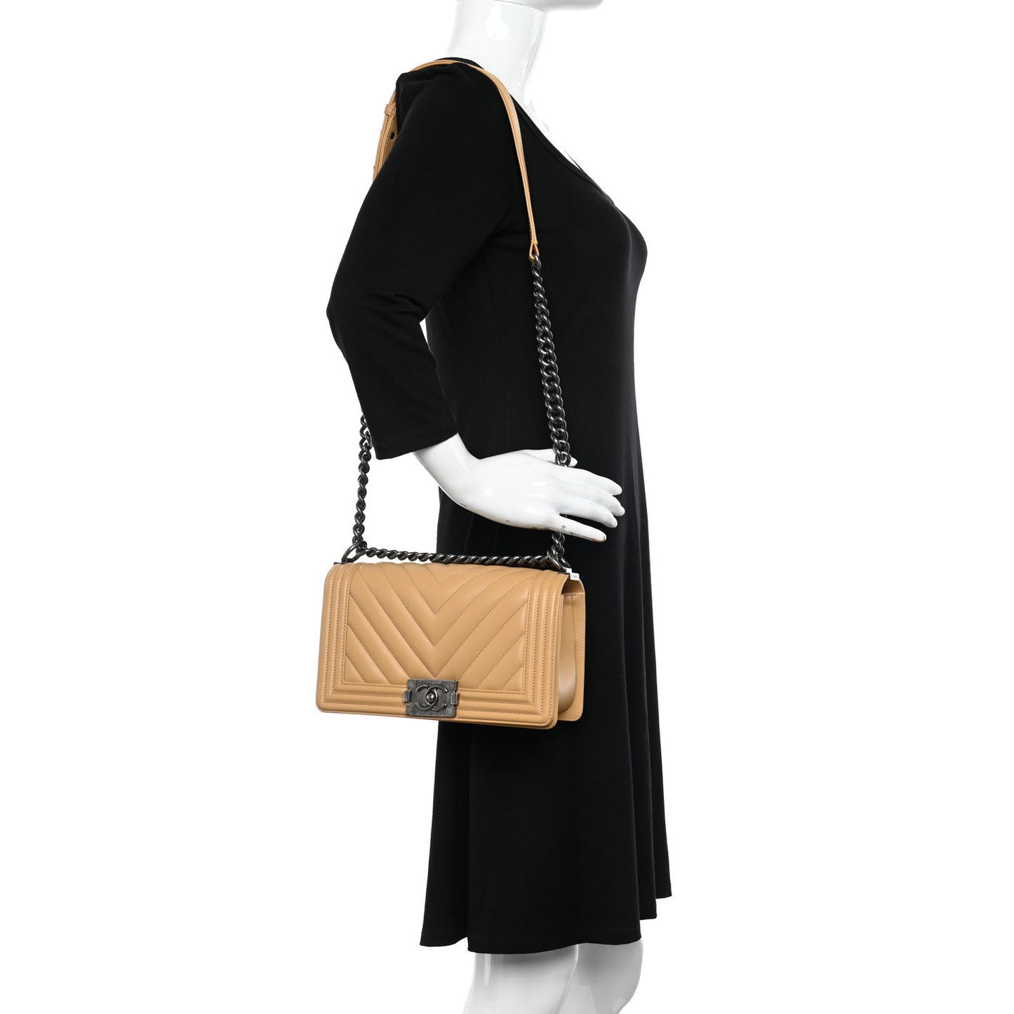 Calfskin Chevron Quilted Medium Boy Flap Beige