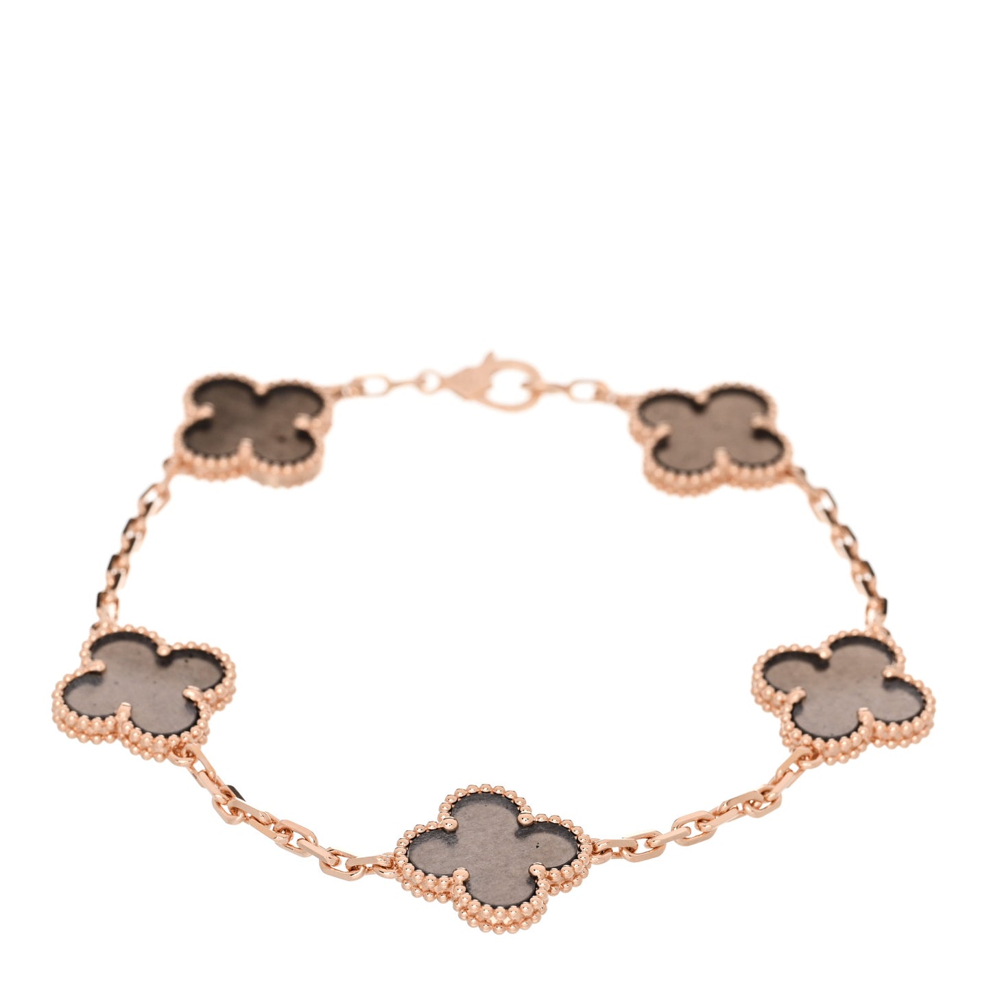 18K Rose Gold Silver Obsidian 5 Motifs Vintage Alhambra Bracelet