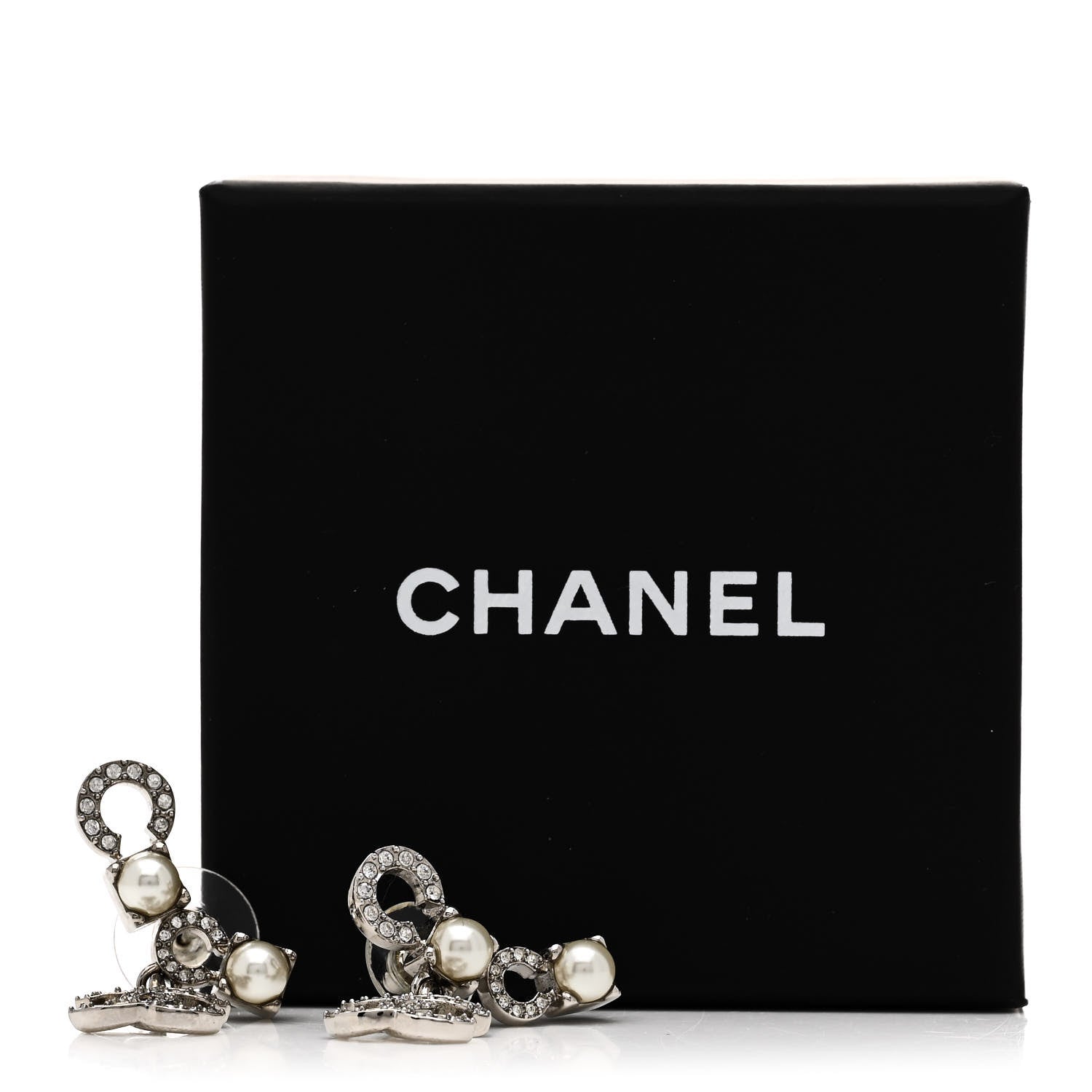 Chanel Metal Crystal Pearl Coco CC Earrings Silver 5 of 5