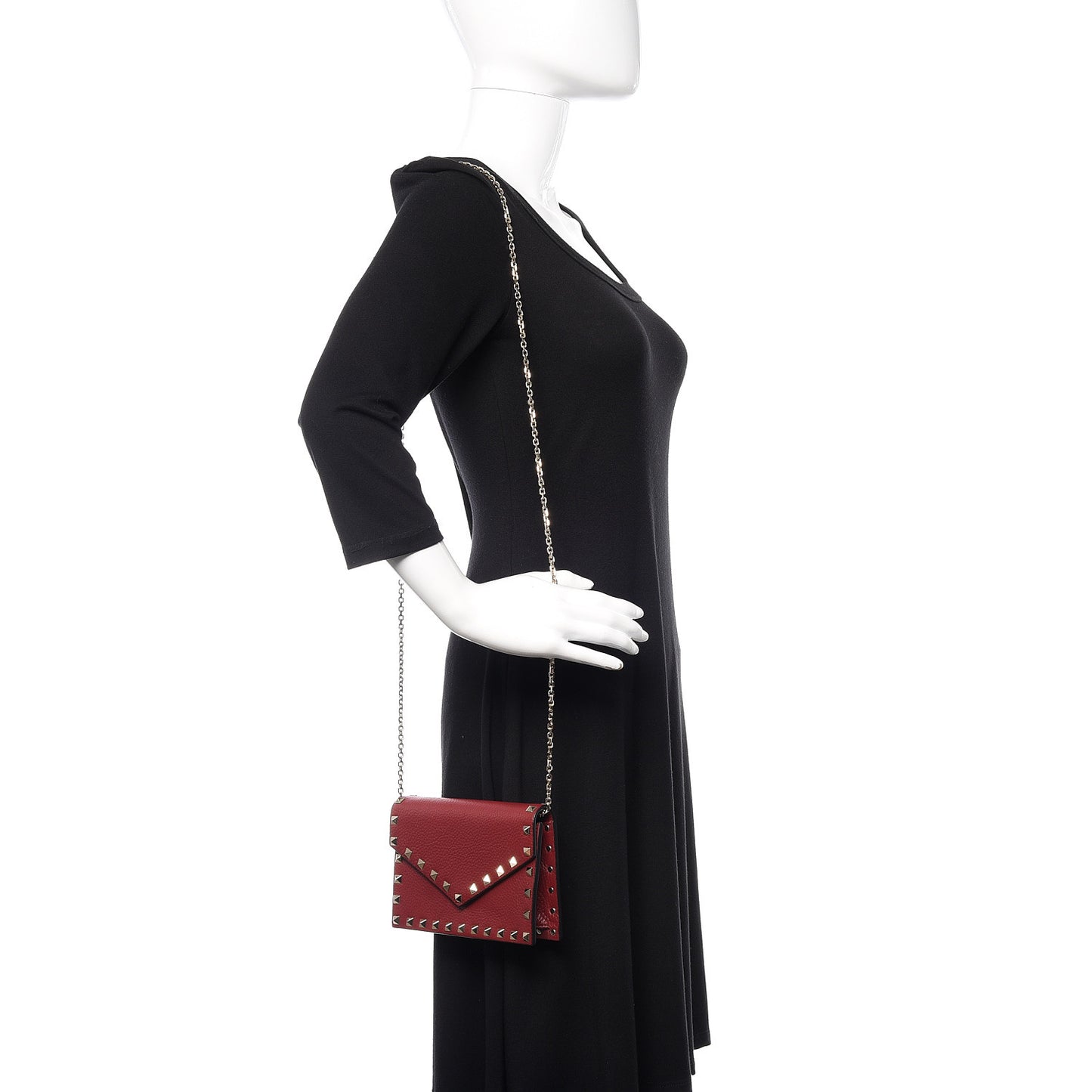 Pebbled Calfskin Rockstud Envelope Wallet on Chain Rubino