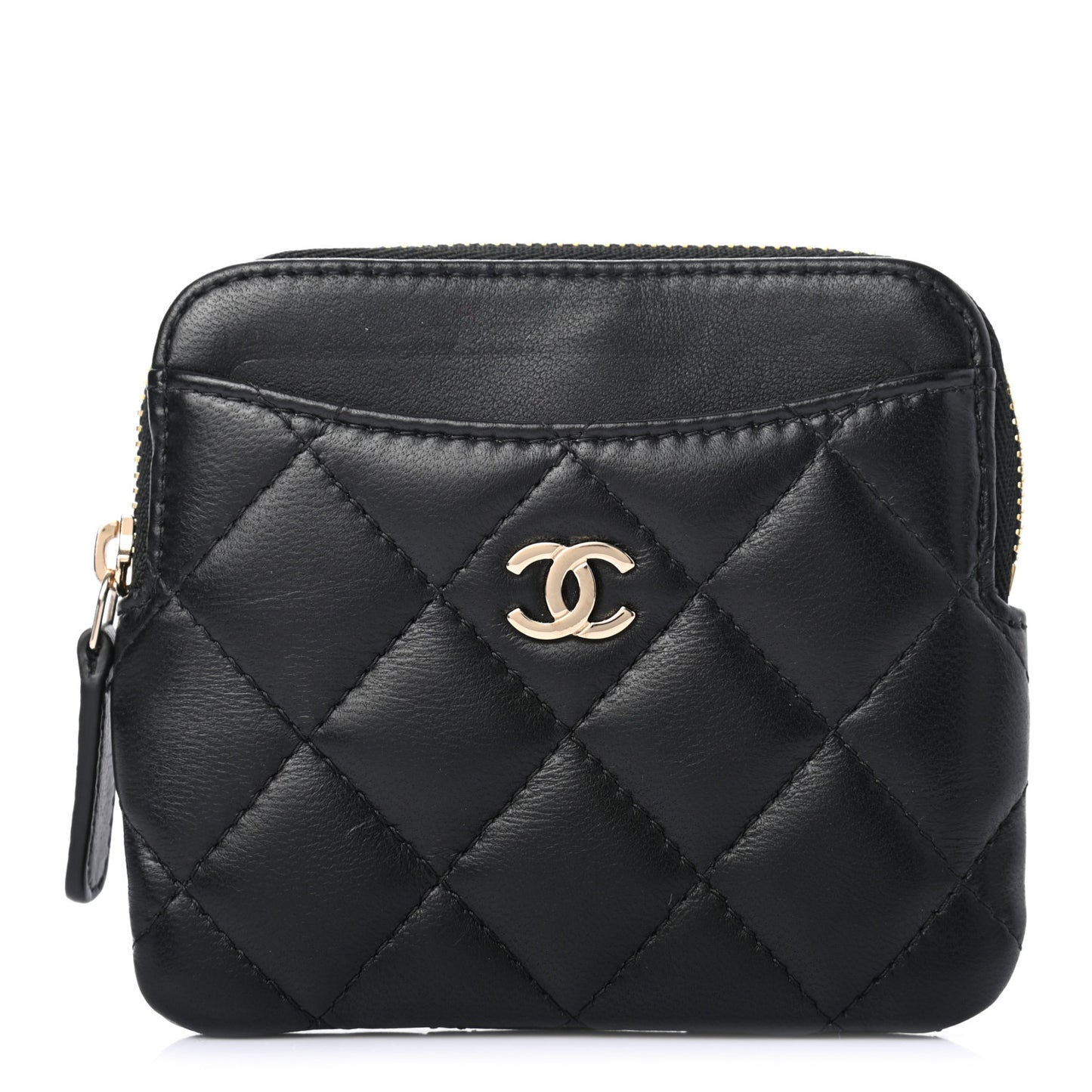 Lambskin Quilted Zip Card Holder Wallet Black