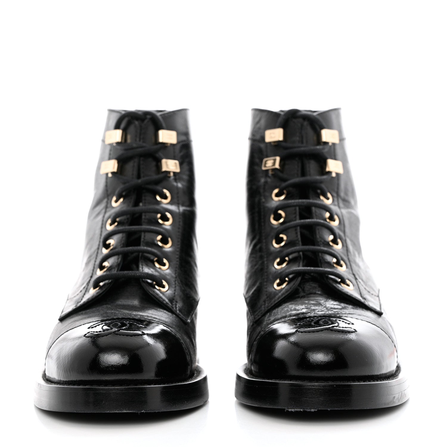 Chanel Crumpled Lambskin Shiny Calfskin Combat Boots 35 Black 2 of 9