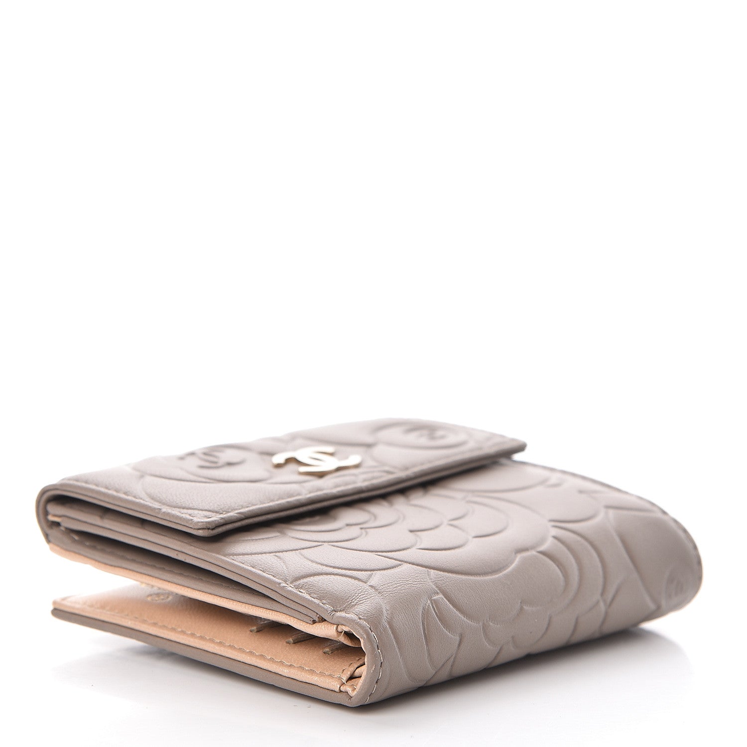 Chanel Lambskin Camellia Embossed French Wallet Beige 4 of 8