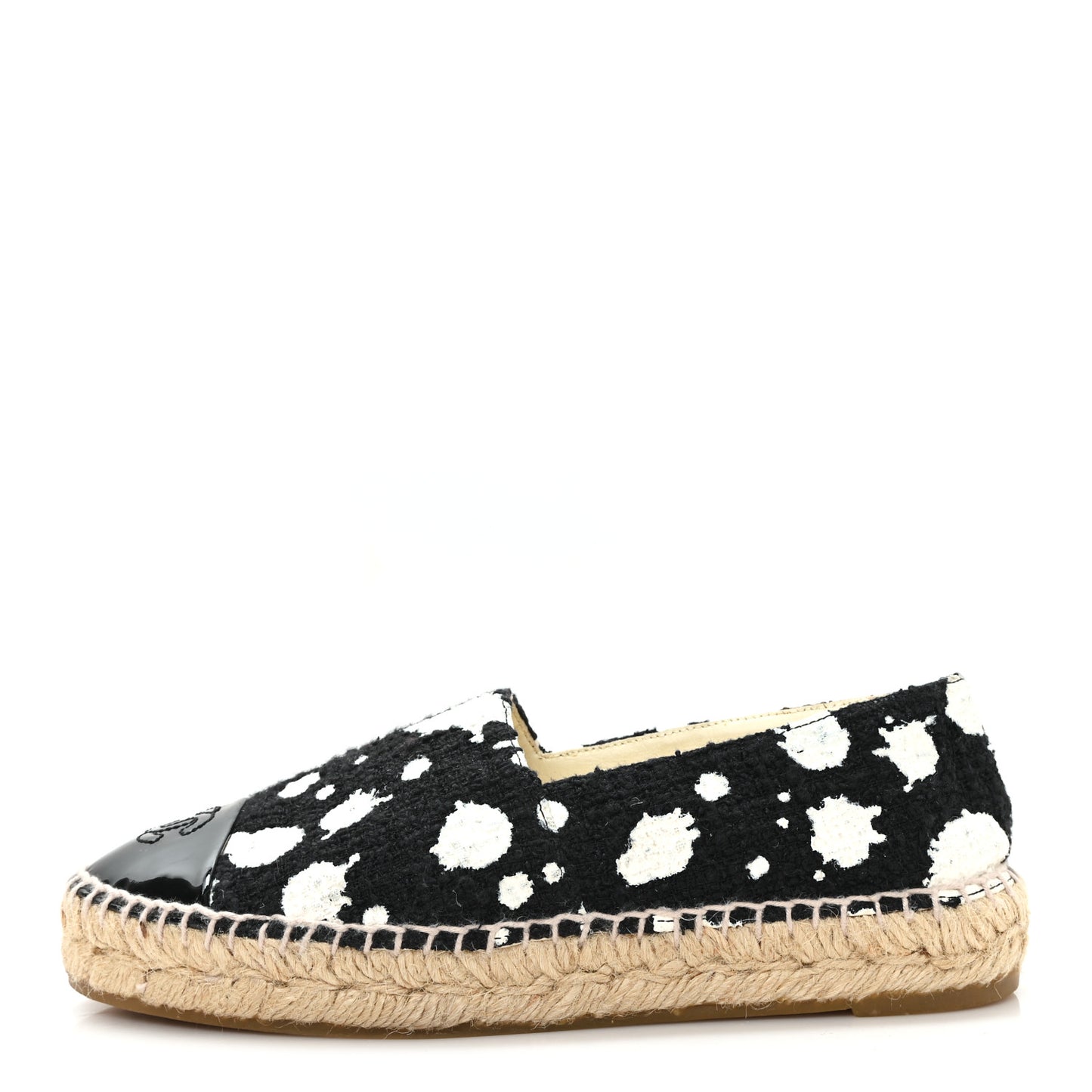 Patent Tweed Splatter Paint Print Cap Toe CC Espadrilles 36 Black White