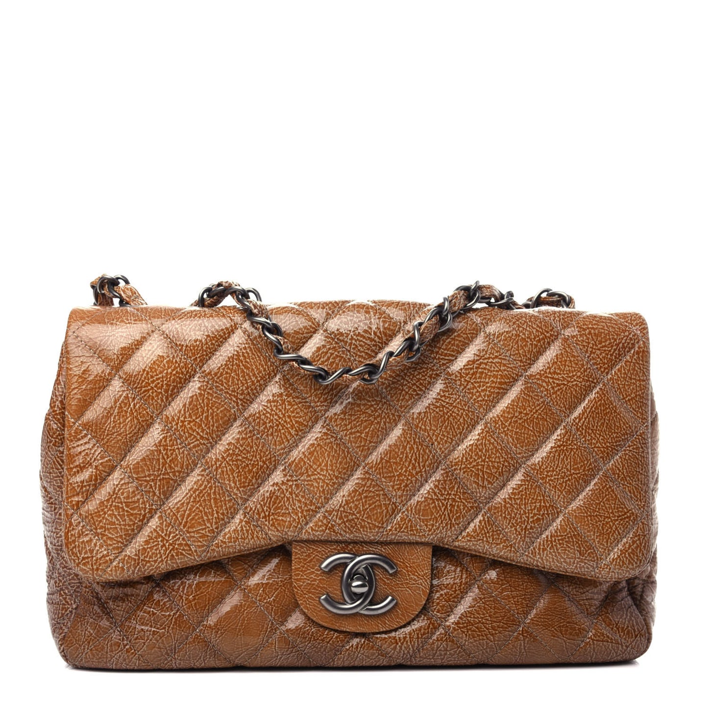 Crinkled Patent Quilted Jumbo Single Flap Beige