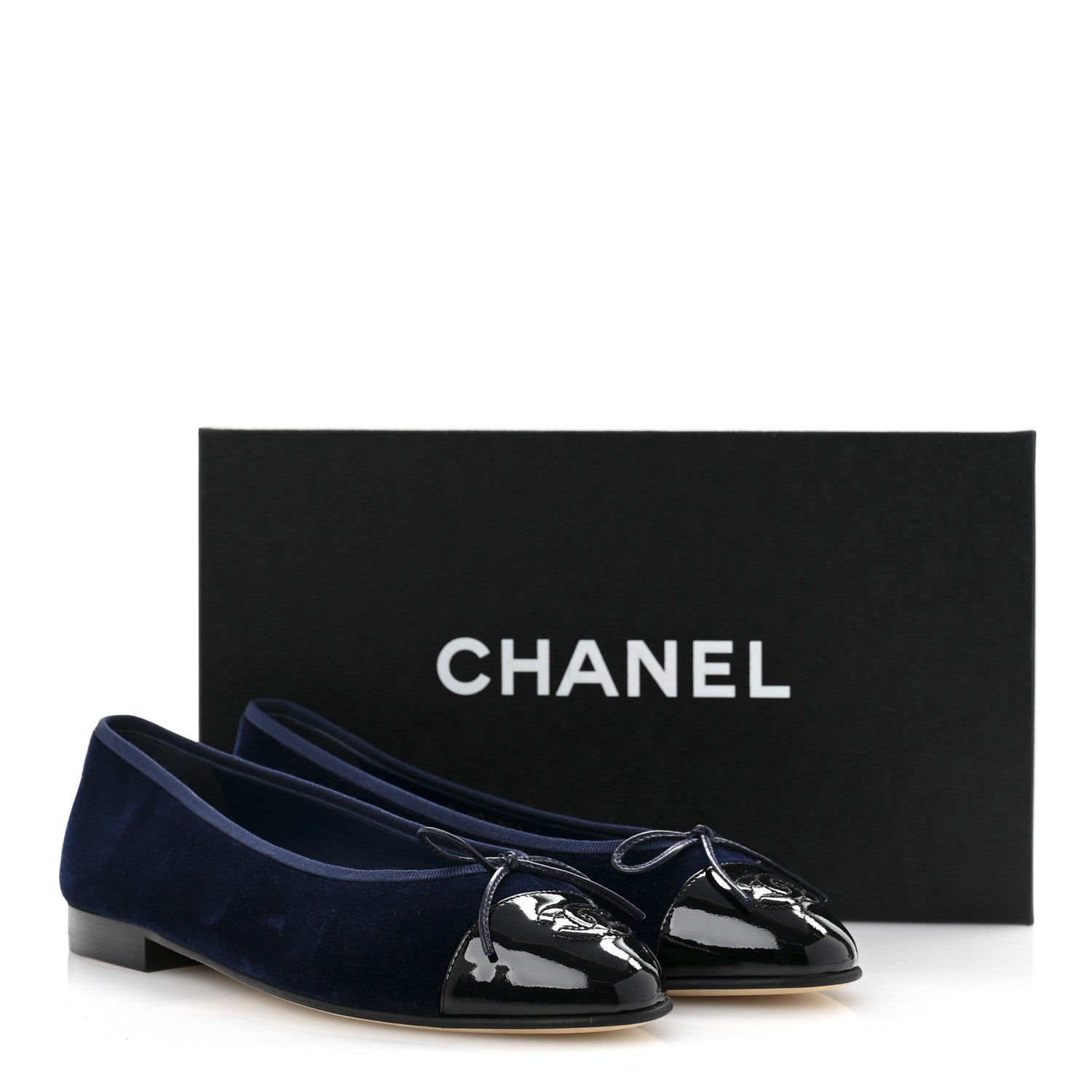 Chanel Velvet Patent Calfskin Cap Toe Ballerina Flats 37.5 Navy Black 10 of 10