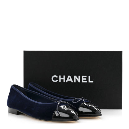 Chanel Velvet Patent Calfskin Cap Toe Ballerina Flats 37.5 Navy Black 10 of 10