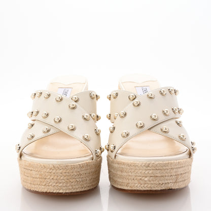 Jimmy Choo Nappa Pearl Studded Dovina 100 Espadrille Wedge Sandals 38 Latte 3 of 9