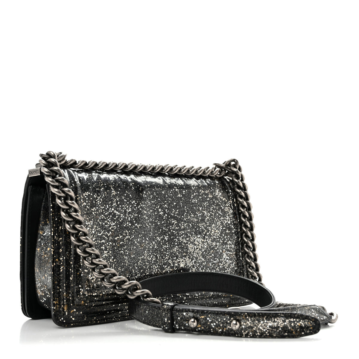 Glitter Glazed Calfskin Medium Boy Flap Black