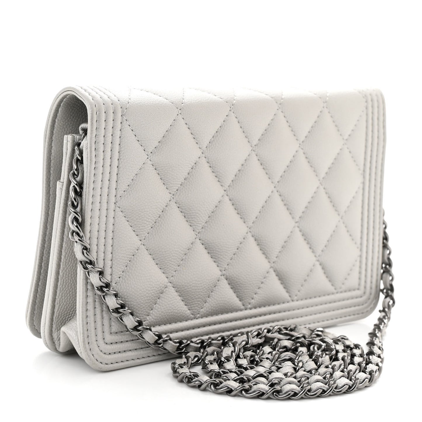 Metallic Caviar Quilted Boy Wallet On Chain WOC Silver