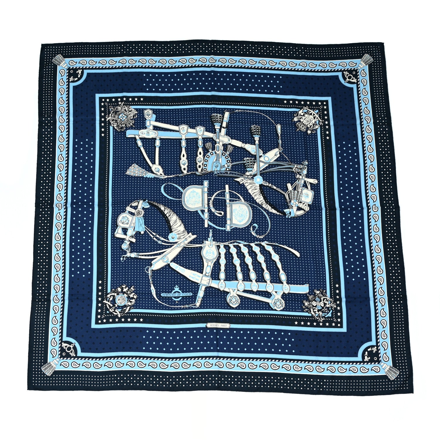 Hermes Silk Harnais De Cour Bandana Shawl 140 Marine Bleu Ciel 1 of 4