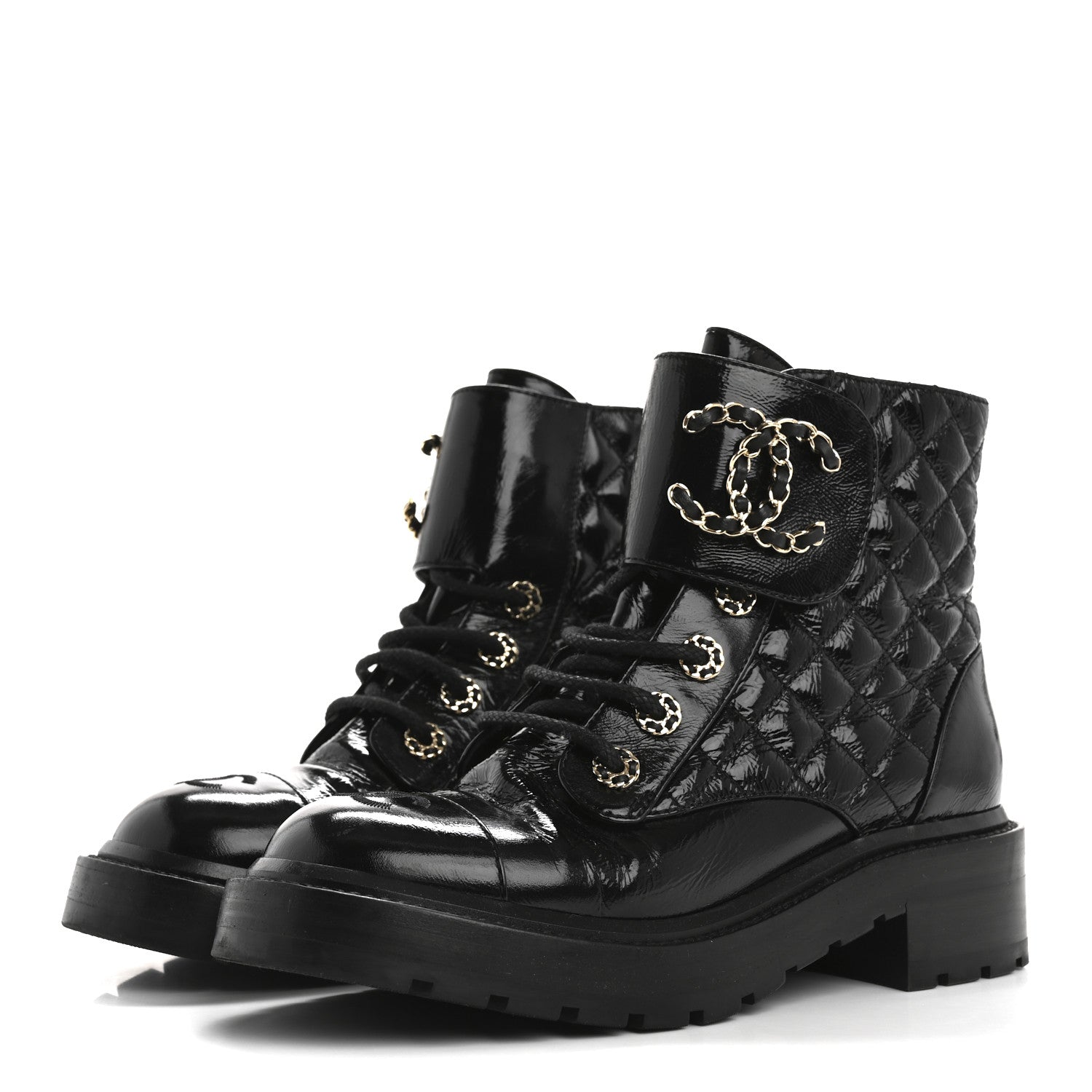 Chanel Shiny Lambskin Quilted Lace Up Combat Boots 37 Black