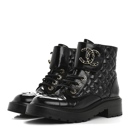 Chanel Shiny Lambskin Quilted Lace Up Combat Boots 37 Black 4 of 15