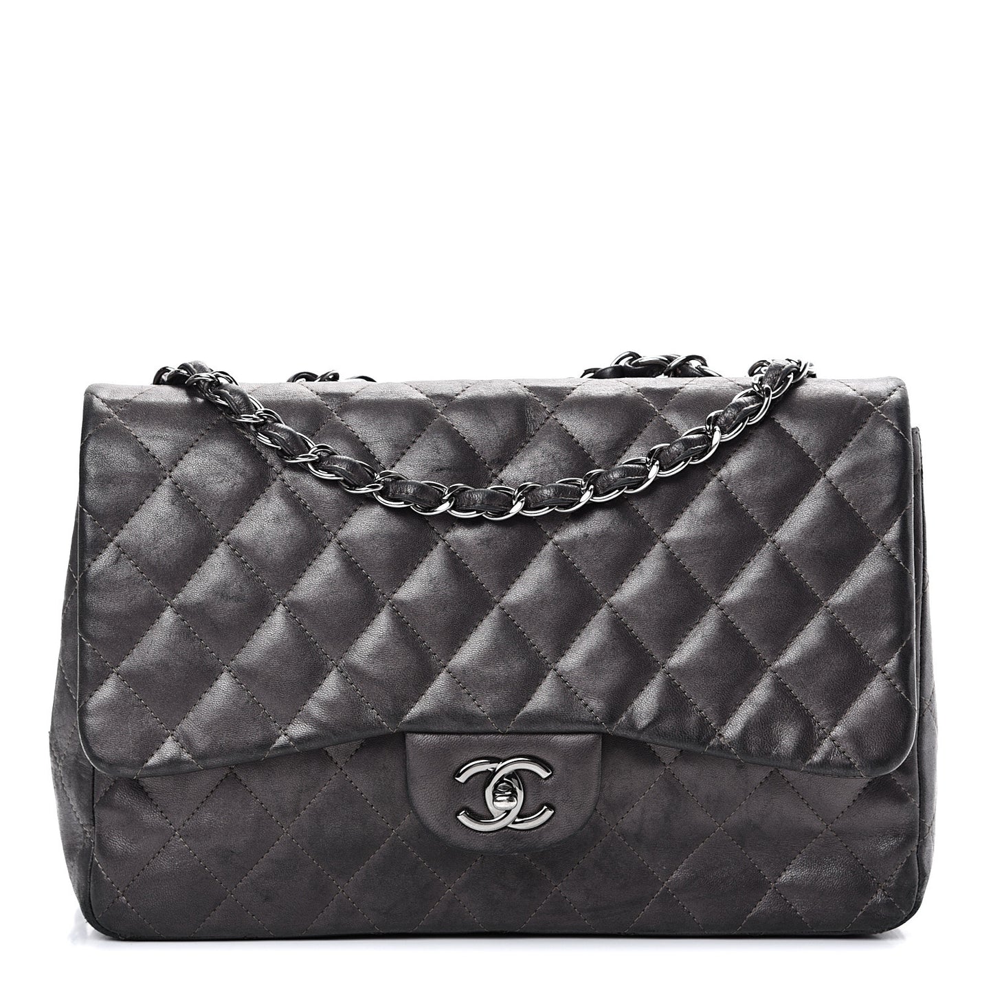 Metallic Lambskin Quilted Jumbo Single Flap Dark Grey