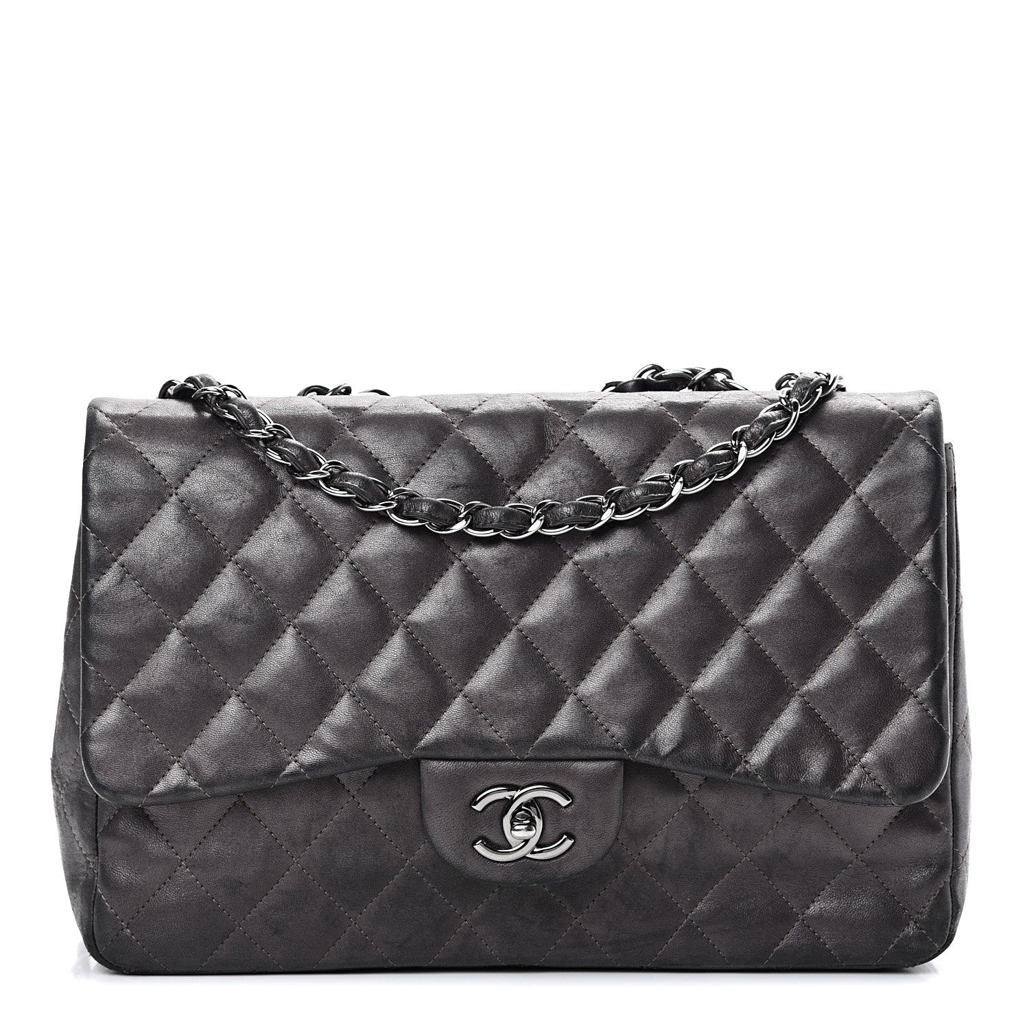 Chanel Metallic Lambskin Quilted Jumbo Single Flap Dark Grey 1 of 22