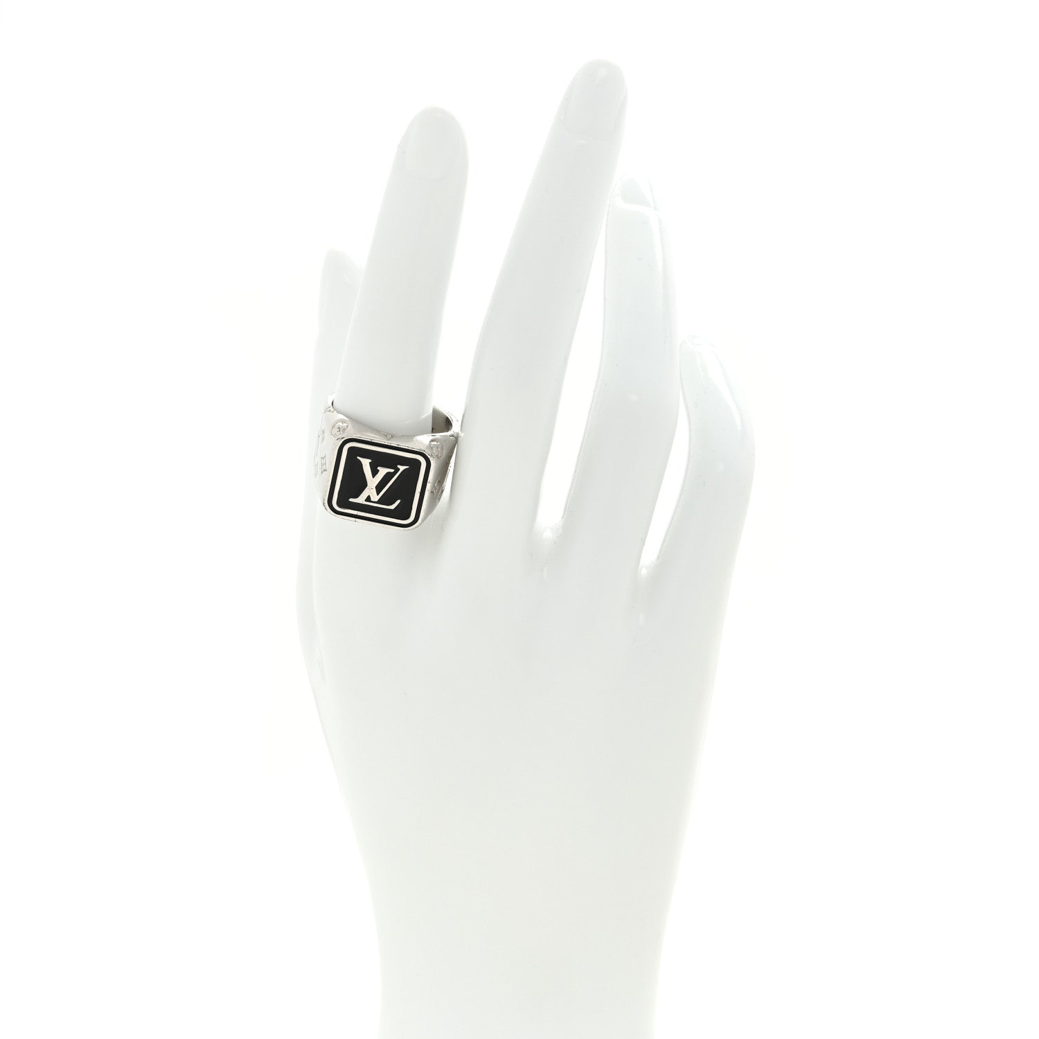 Louis Vuitton Lacquer Metal Signature Tab Ring M 60 9 Silver Black 2 of 4
