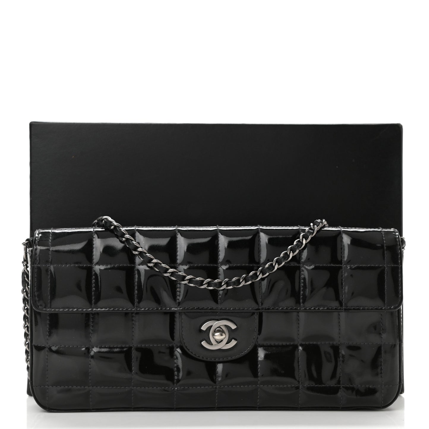 Patent Quilted East West Chocolate Bar Flap Black