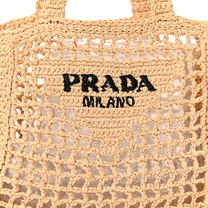 Prada Yarn Raffia Effect Crochet Logo Embroidered Small Tote Bag Naturale 8 of 10