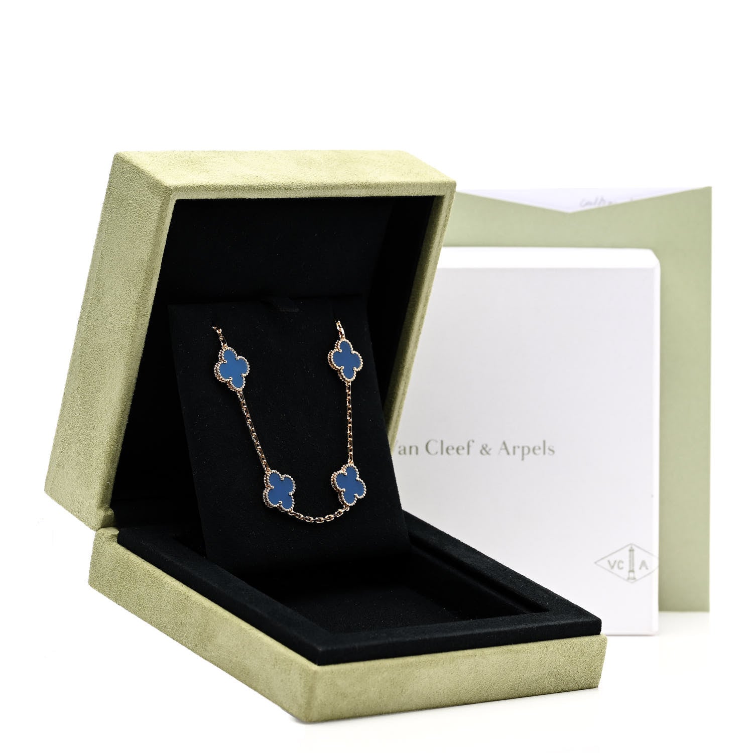 Van Cleef & Arpels 18K Yellow Gold Blue Agate 10 Motifs Vintage Alhambra Necklace 6 of 6