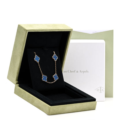 Van Cleef & Arpels 18K Yellow Gold Blue Agate 10 Motifs Vintage Alhambra Necklace 6 of 6