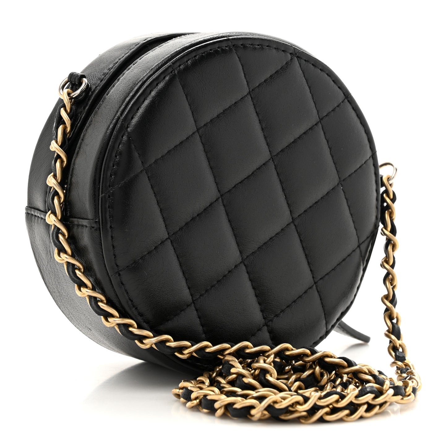 Lambskin Quilted Round Clutch With Chain Black