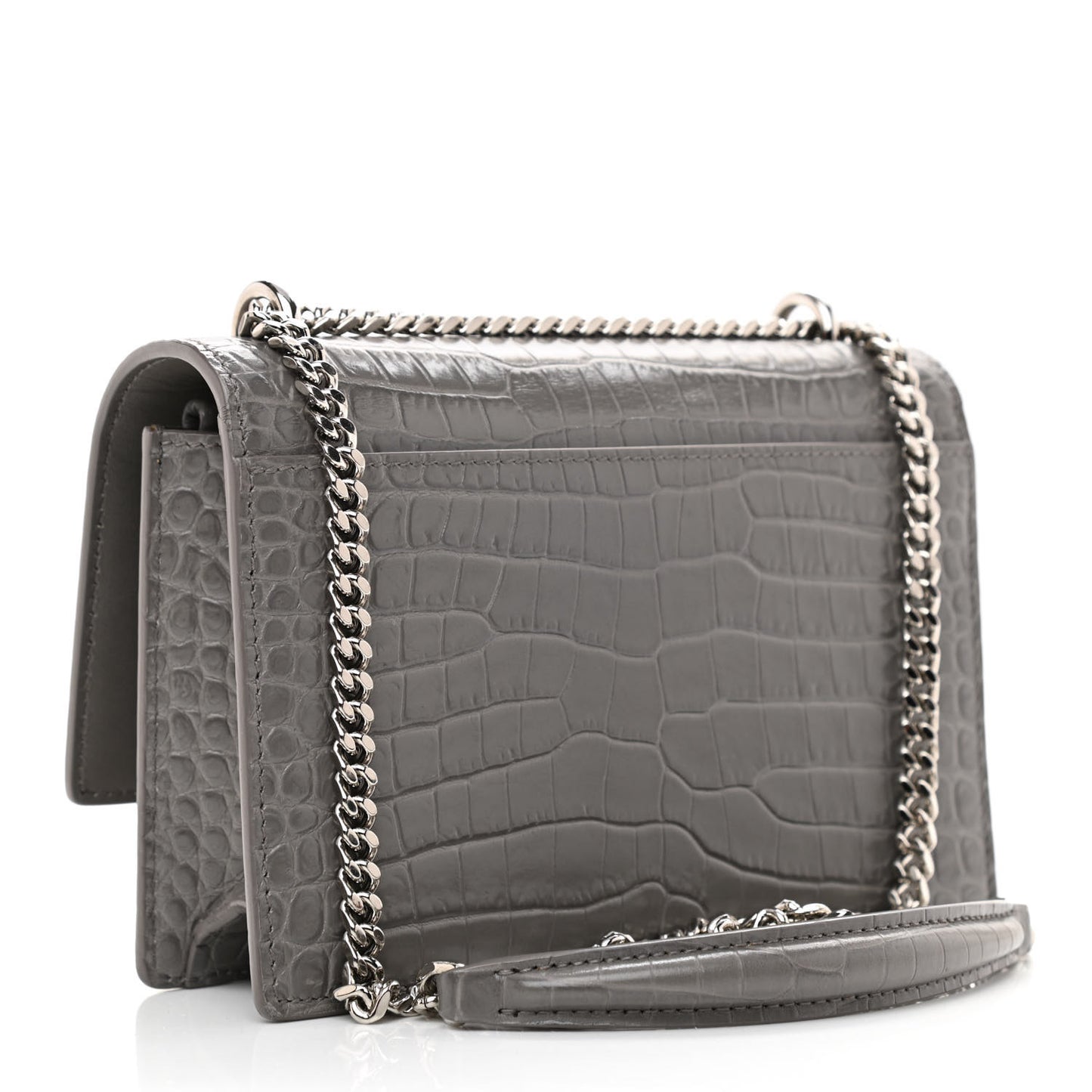 Calfskin Crocodile Embossed Monogram Sunset Chain Wallet Light Grey