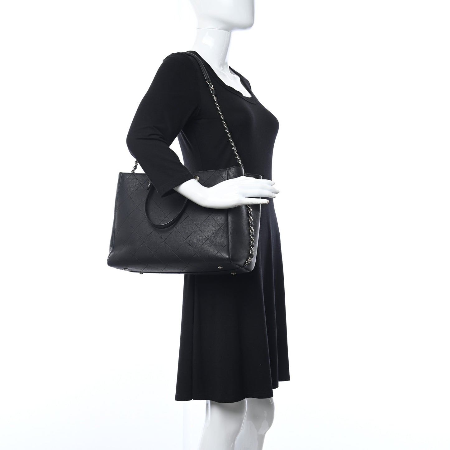 Calfskin Stitched Medium Shopping Tote Black