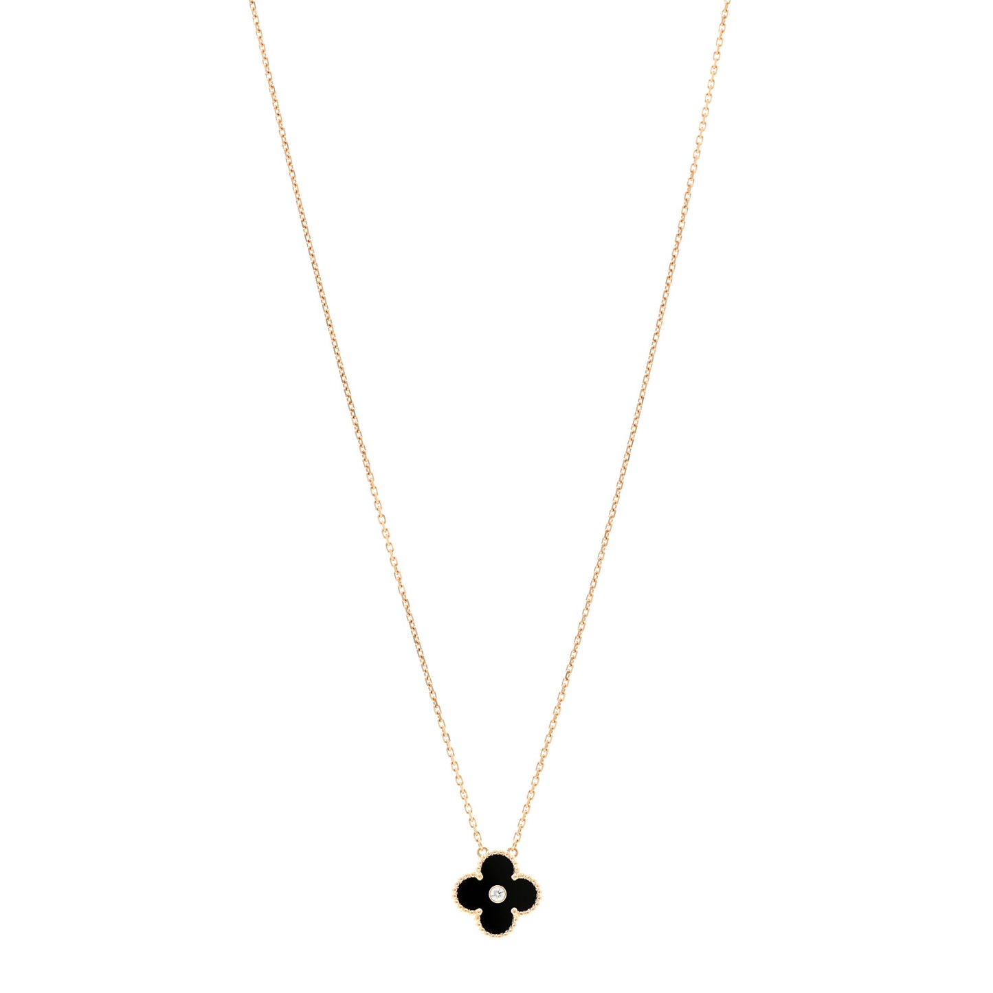 18K Rose Gold Diamond Black Onyx Vintage Alhambra Pendant Necklace