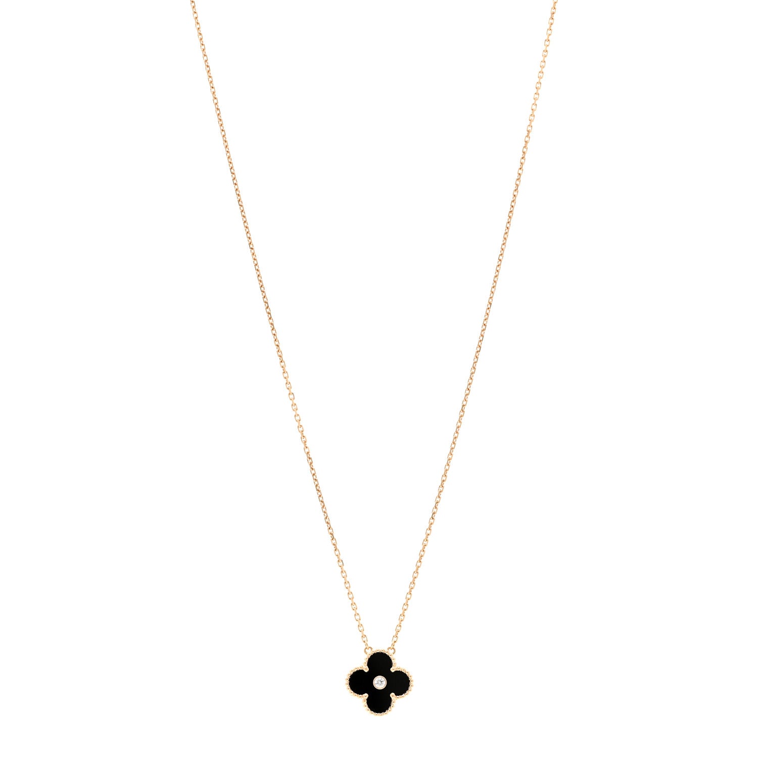 Van Cleef & Arpels 18K Rose Gold Diamond Black Onyx Vintage Alhambra Pendant Necklace 1 of 7
