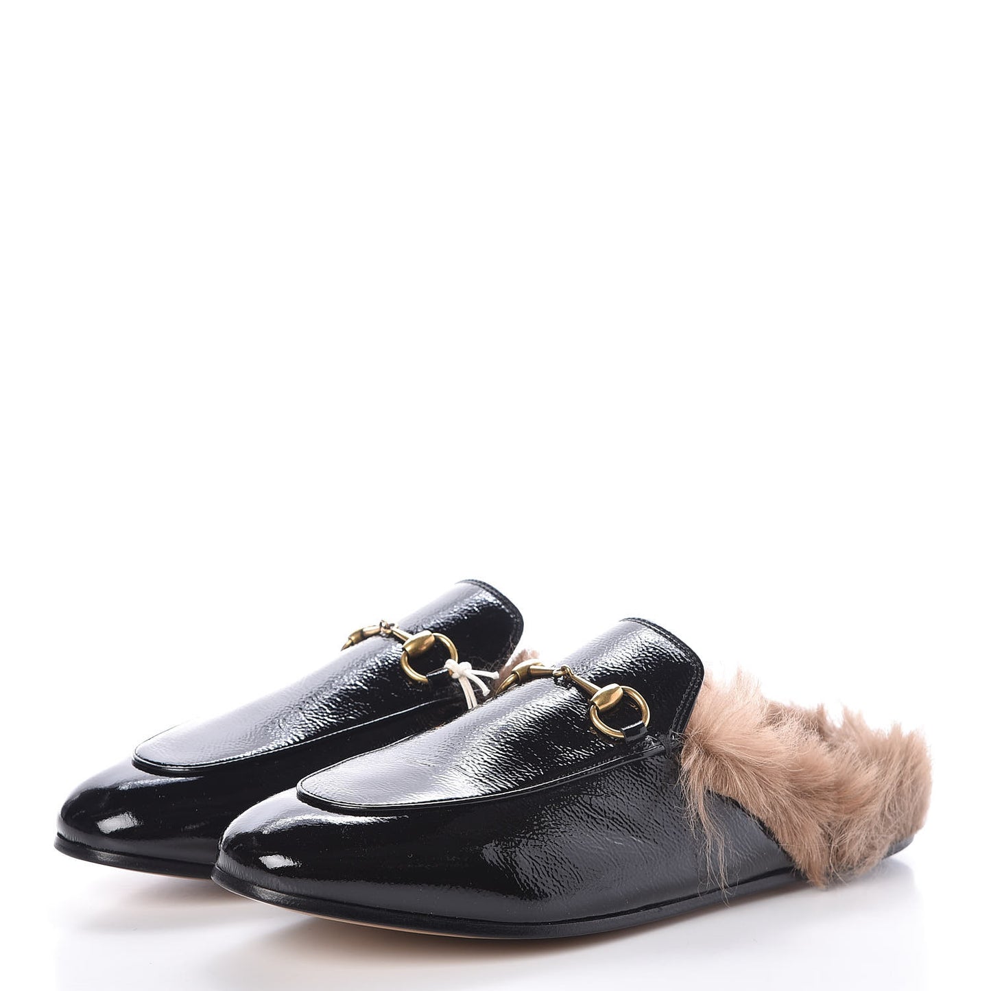 Patent Fur Womens Princetown Slippers 38.5 Black Natural