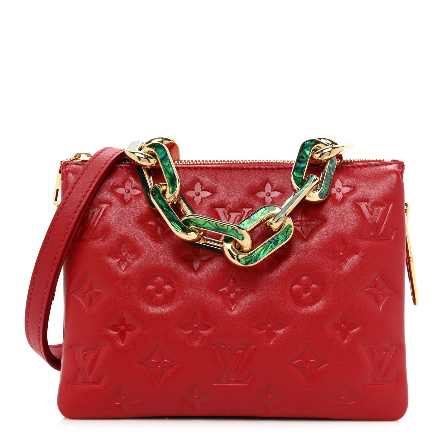 Mother of Pearl Lambskin Embossed Monogram Coussin BB Red Green