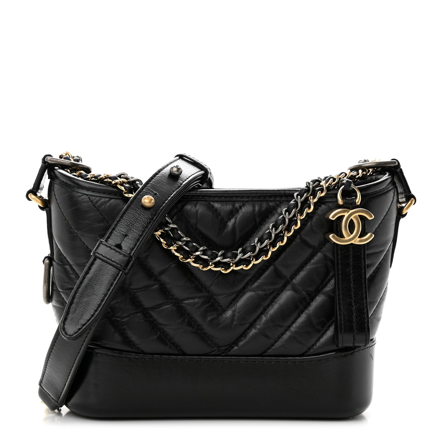 Aged Calfskin Chevron Quilted Small Gabrielle Hobo Black