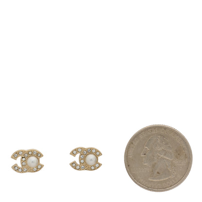 Chanel Metal Crystal Pearl CC Stud Earrings Gold 2 of 5
