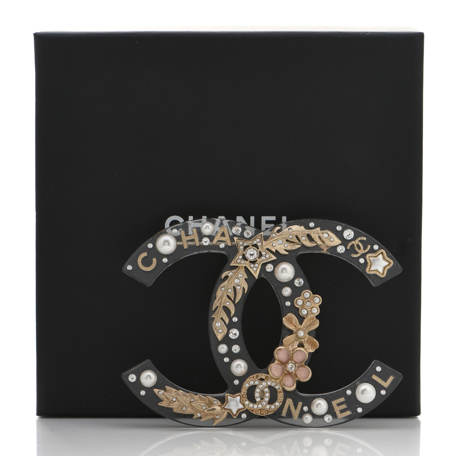Chanel Resin Pearl Crystal Feather Star CC Brooch Transparent Gold 5 of 5
