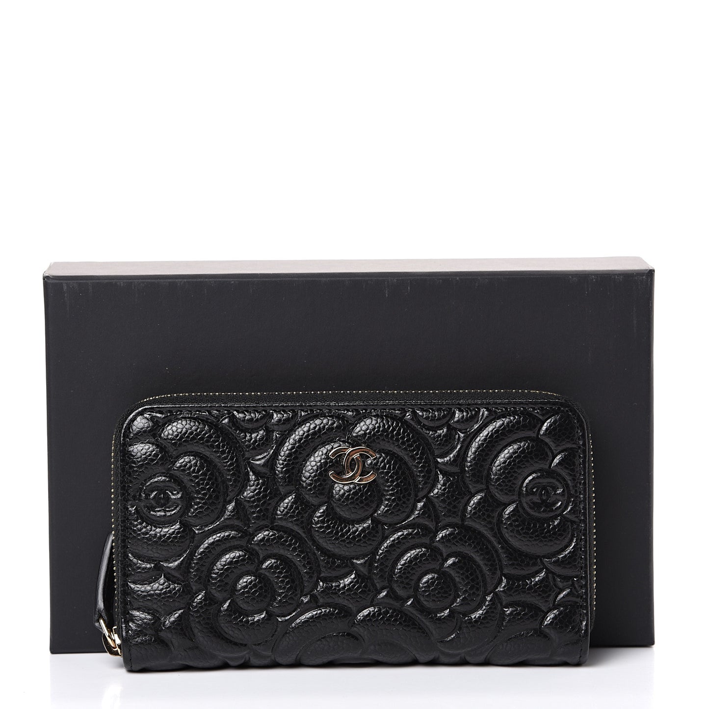 Caviar Camellia Embossed Medium Zip Around Wallet Black