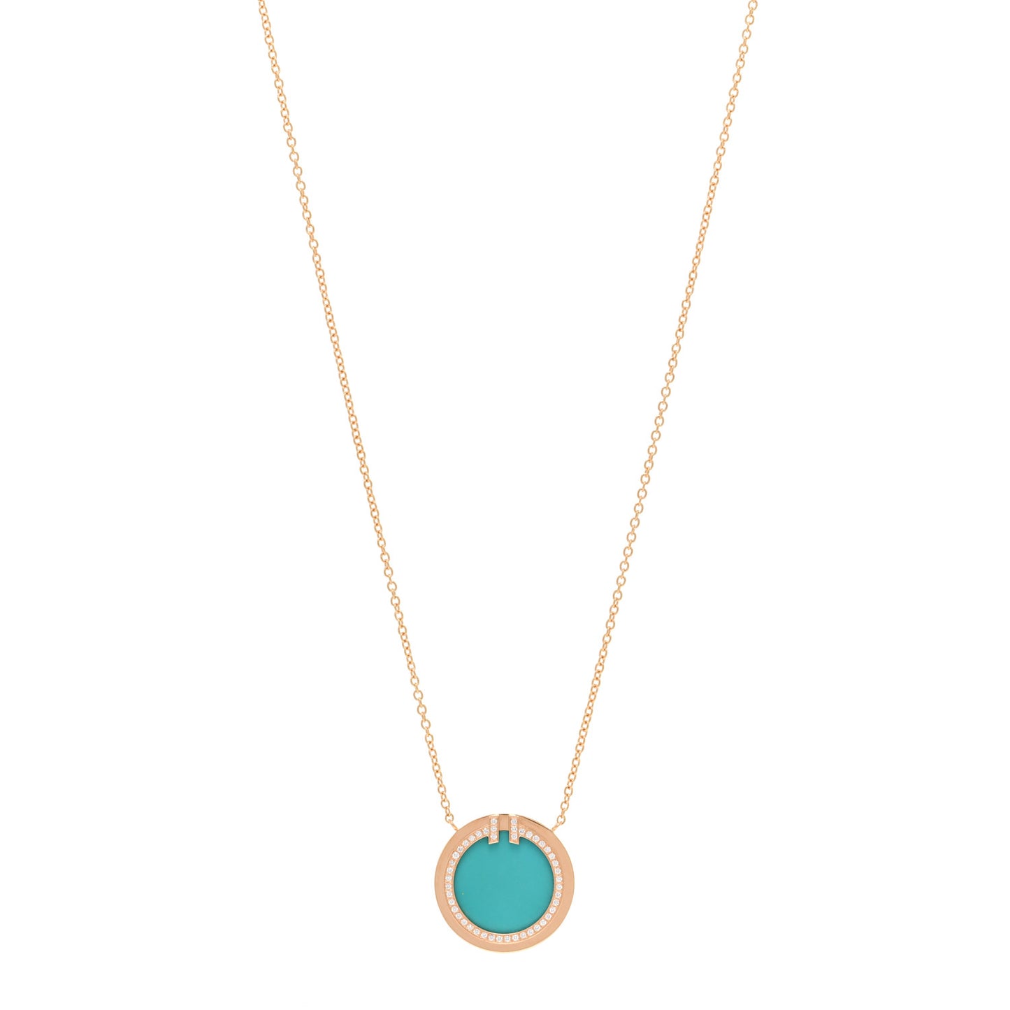 18K Rose Gold Diamond Turquoise T Circle Pendant Necklace