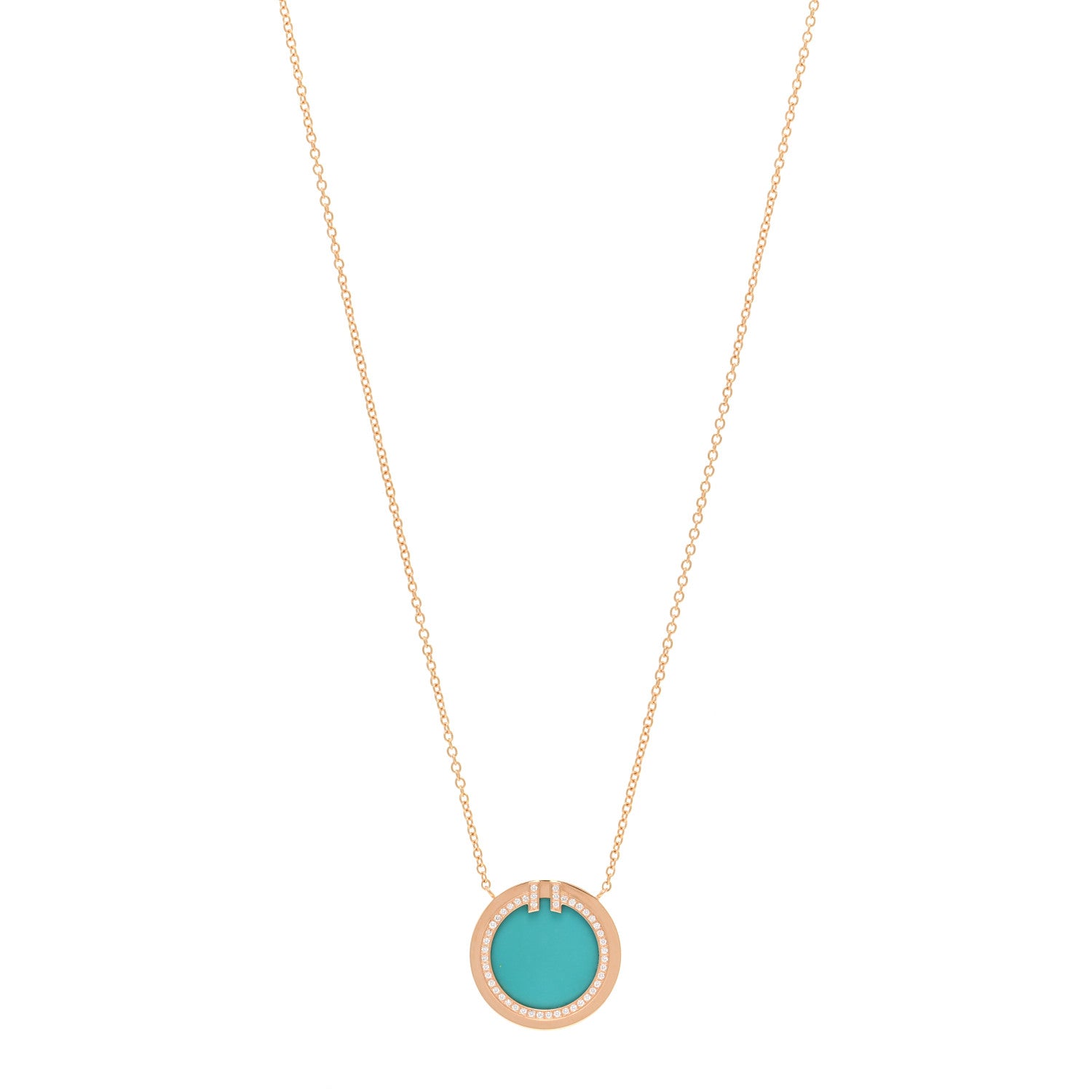 Tiffany 18K Rose Gold Diamond Turquoise T Circle Pendant Necklace 1 of 5